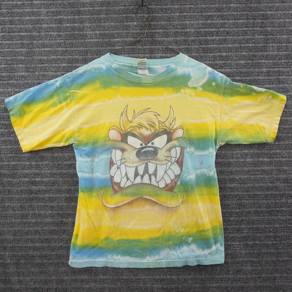 Vintage 90s Looney Tunes Taz T-Shirt Mens M Yellow Tie Dye 1997 Graphic